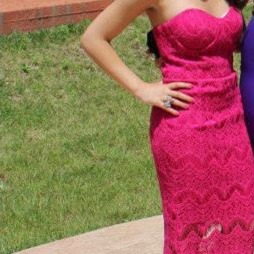Dark pink lace maxi dress. Strapless